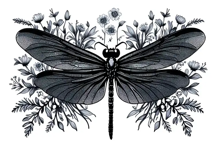 Large Black Dragonfly Silhouette Surrounded By Wildflowers And Flourishes