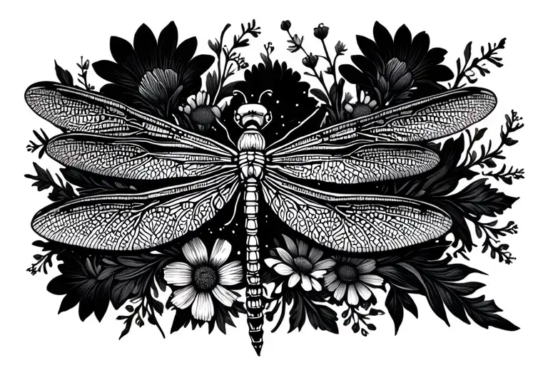 Large Solid Black Dragonfly Silhouette Surrounded By Wildflowers And Flourishes