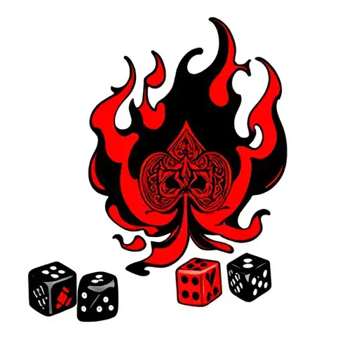 Red And Black Deck Game Cards With 3 Dice Infront And Flames
