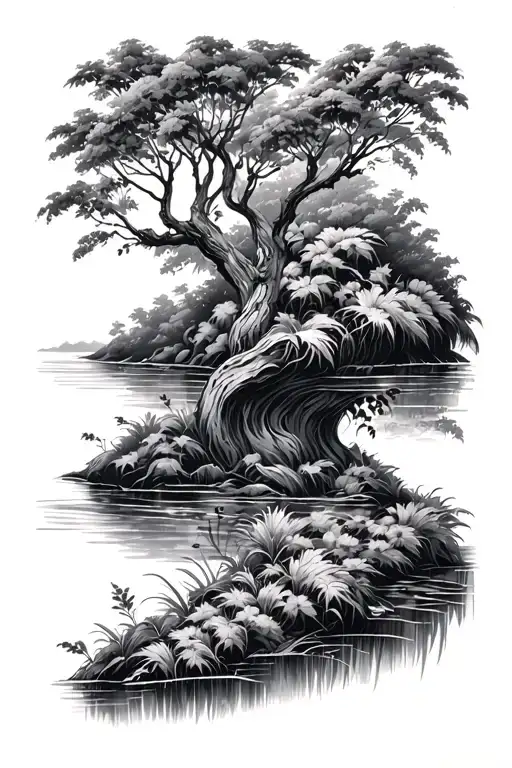 River Flow Next To Bushes Of Azeales