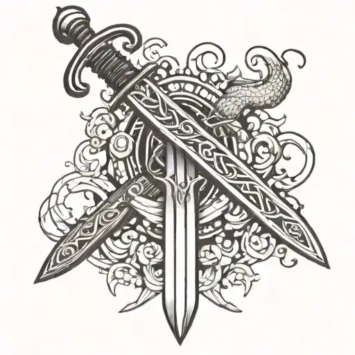 Long Sword With Word Of God Stabbing A Head Of A Serpent That Wraps Around The Sword