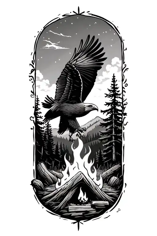 Wood Scene With Campfire And An Eagle Soaring