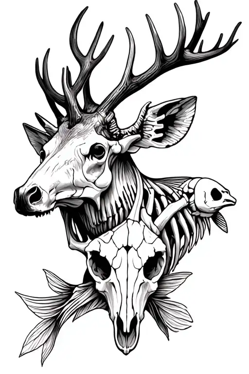 Deer And Elk Skull And Antlers And Fish Skeletons
