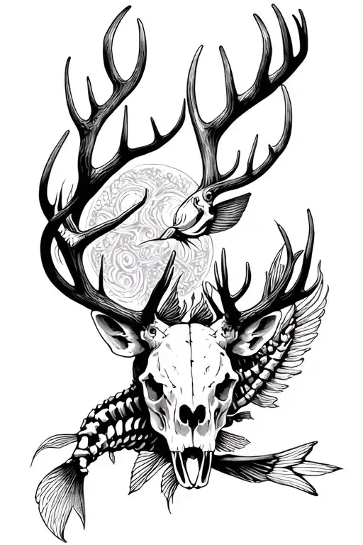 Deer And Elk Skull And Antlers And Fish Skeletons