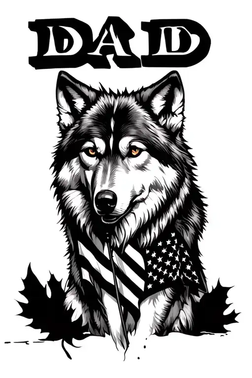 A Wolf With The Word Dad In It And A American Flag