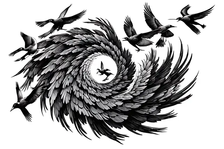 A Herd Of Birds Floating Up In The Sketch Tattoo Spiral