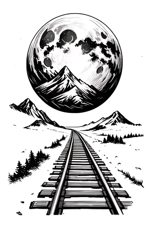 Train Track Leading To Mountian Range Under Full Moon