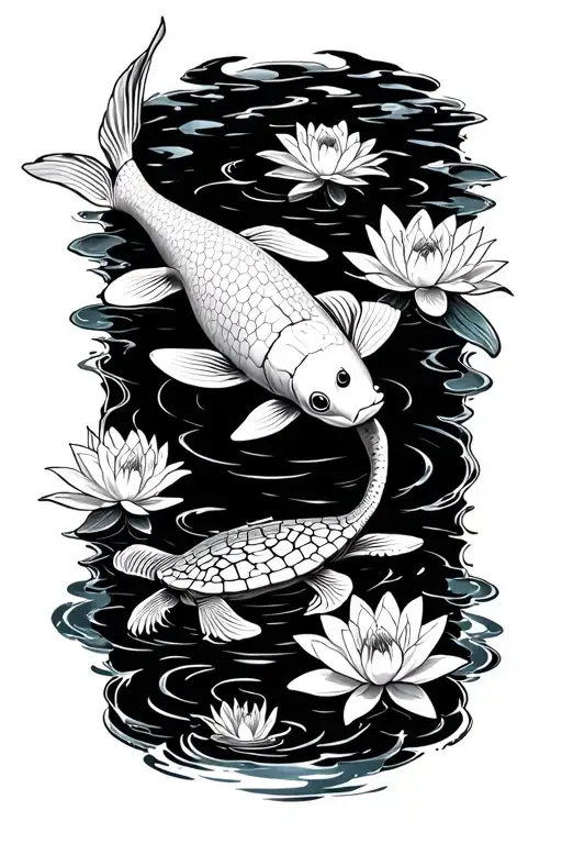 A Koi Fish And A Turtle Swimming With 5 Water Lilly