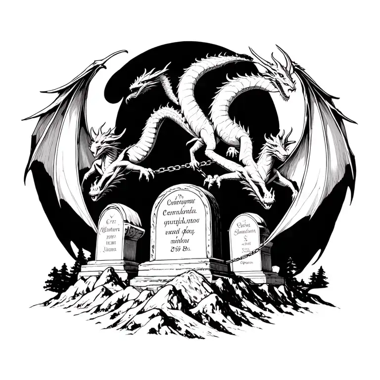 Three Dragons Flying But Chained To A Headstone On A Mountain