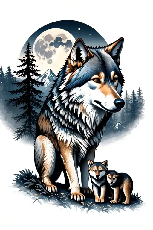 Full Body Wolf Protecting Cubs With Trees Mountains And Moon In Back