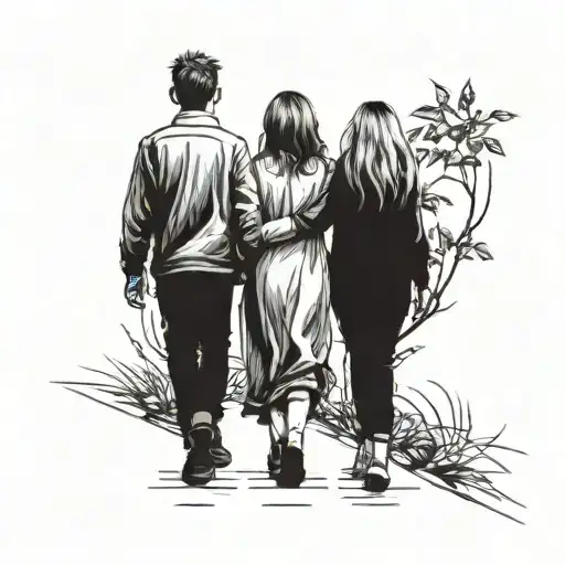 Brother Walking With Her Sisters Holding Hands