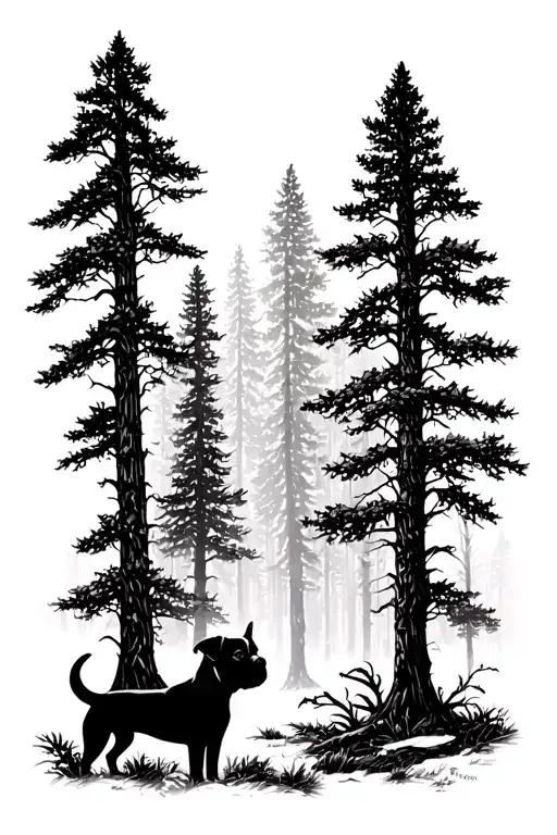Forest With A Small Boxer Dog In The Background Black And White