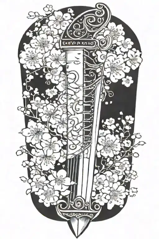 Sword And Harp With Cherry Blossoms Falling