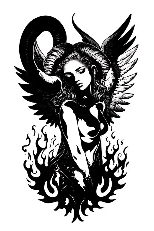Aries Zodiac Sign Sexy Female Wings Surrounded By Fire
