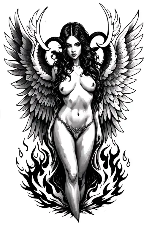 Aries Zodiac Sign Sexy Female Wings Surrounded By Fire