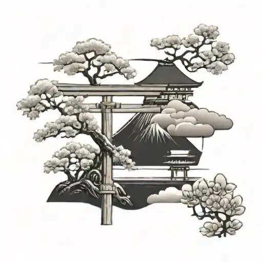 A Blackwork Tattoo Featuring A Sakura Tree With A Torii Gate And Mount Fuji In The Background