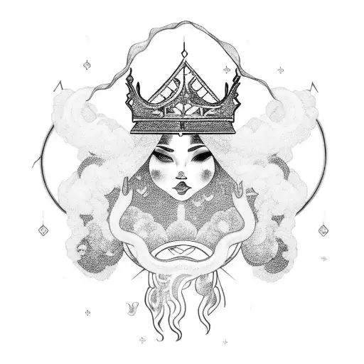 Gipsy Woman Wearing A Crown Blowing Smoke Rings In The Shape Of A Dragon