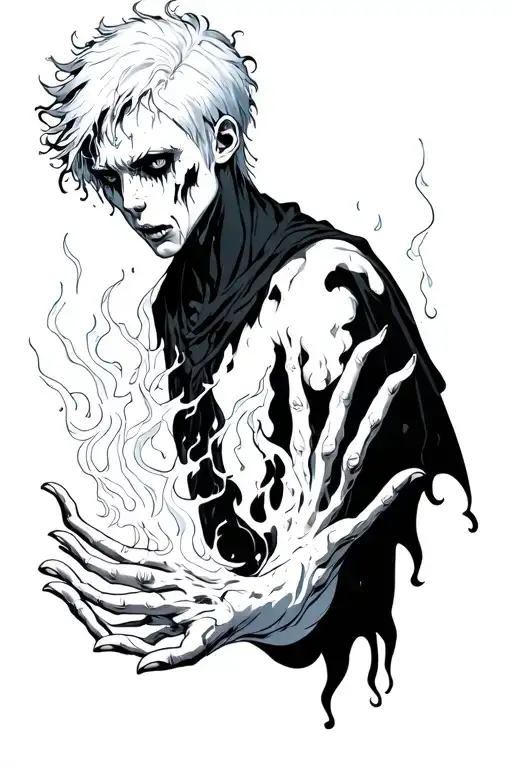 Pale Boy With White Hair And Demonic Energy In Hands