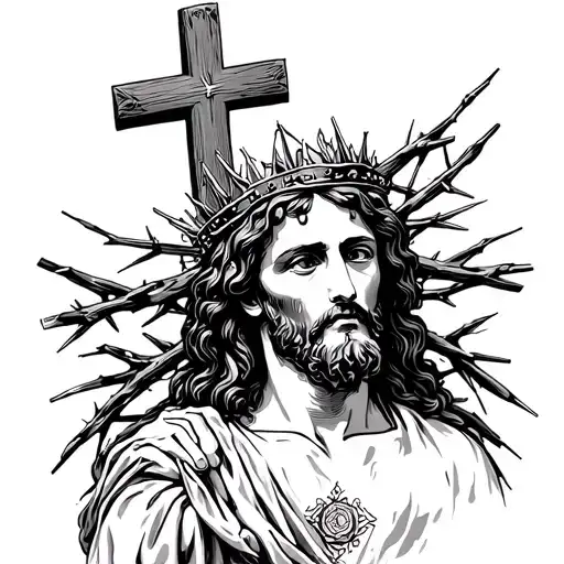 Jesus Christ With A Crown Of Thorns And A Cross In The Background