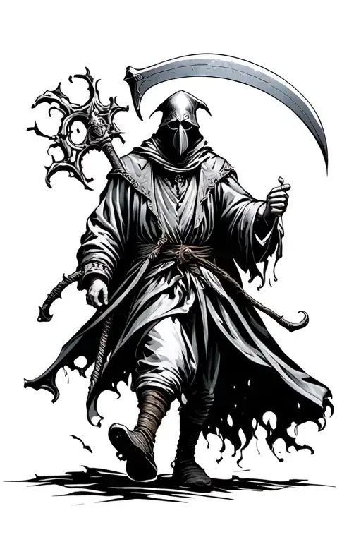 Medieval Doctor With Mask With Scythe Walking Across