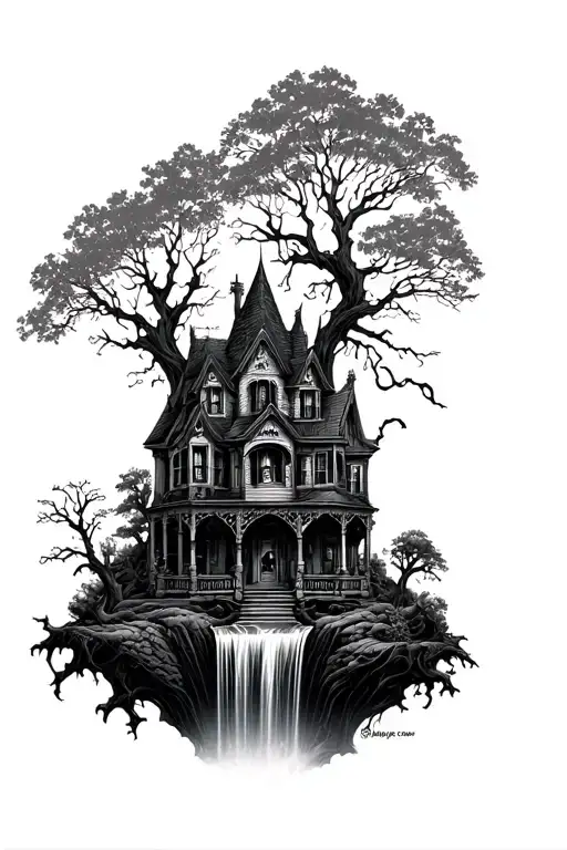 Haunted House With Skull Head Waterfall Surrounded
