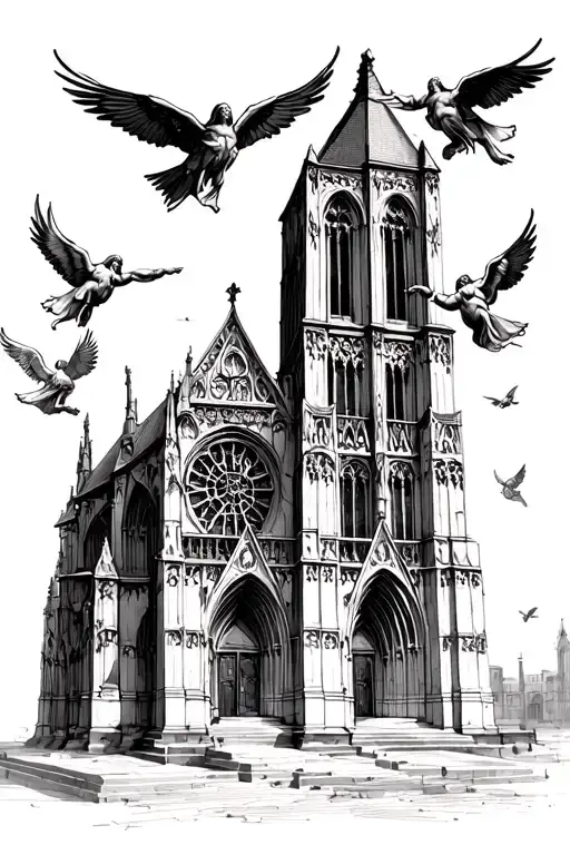 Gothic Cathedral With Angels Flying In The Background