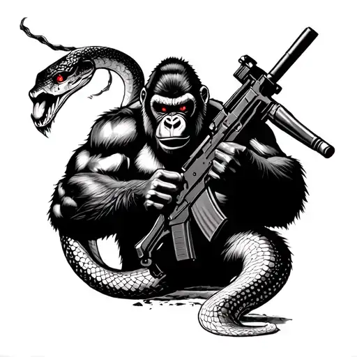 Gorilla With Red Eyes Holding An M16 Rifle Fighting A Snake