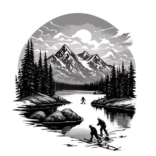 Mountain Scene With Pond Hockey On Lake