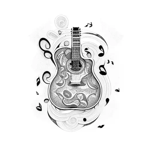 A Tattoo Of A Guitar With Intricate Details And Music Notes Surrounding It