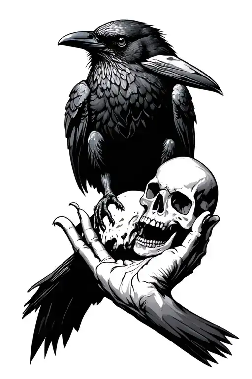 Eerie Crow Sitting On A Skull Eating A Human Hand