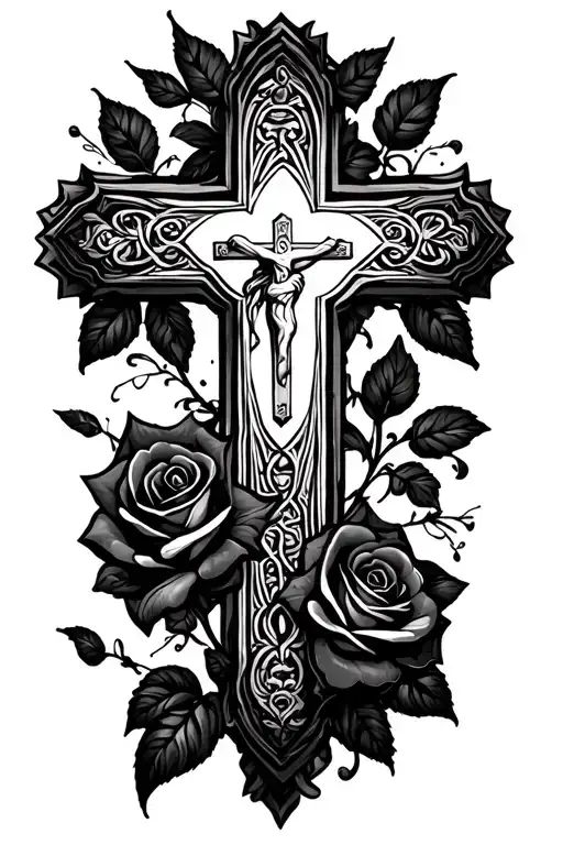 Christian Cross With Roses Surrounding Tattoo idea