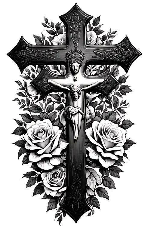 Christian Cross With Roses Surrounding Tattoo idea