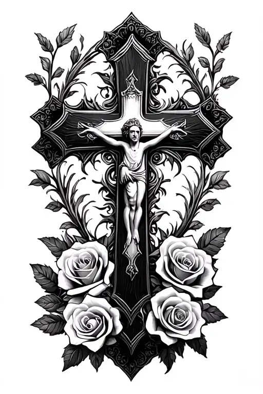 Christian Cross With Roses Surrounding Tattoo idea