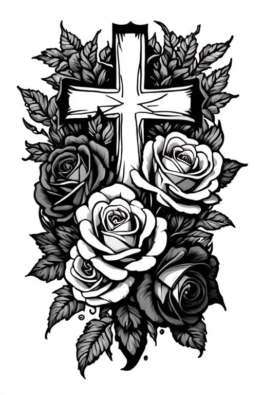 White Cross With Roses Surrounding