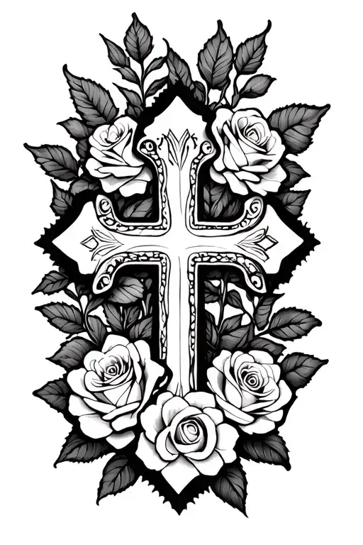 White Cross With Roses Surrounding