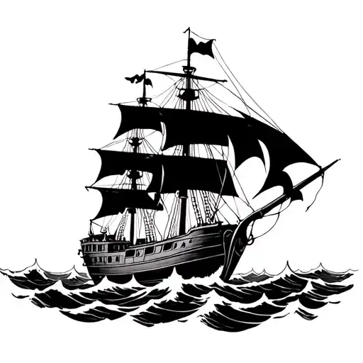 3 Decker Pirate Ship Sailing On Rough Seas