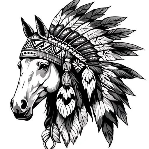 Horse Head With Native American Headdress Tattoo idea