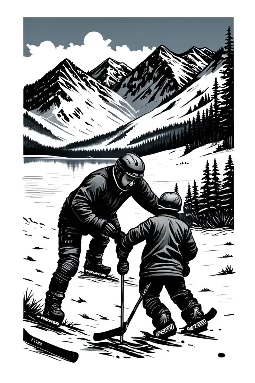 Mountain Scene With Father And Son Playing Pond Hockey