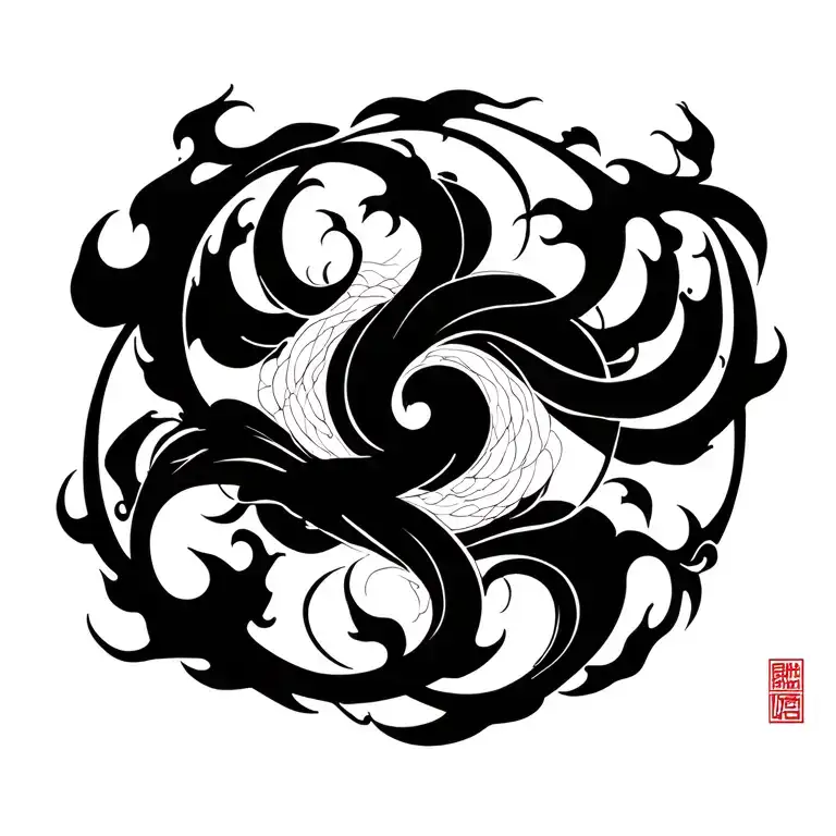 Japanese Blackwork Swirls Like Lively Flames And Japanese Symbols And Geometric Elements