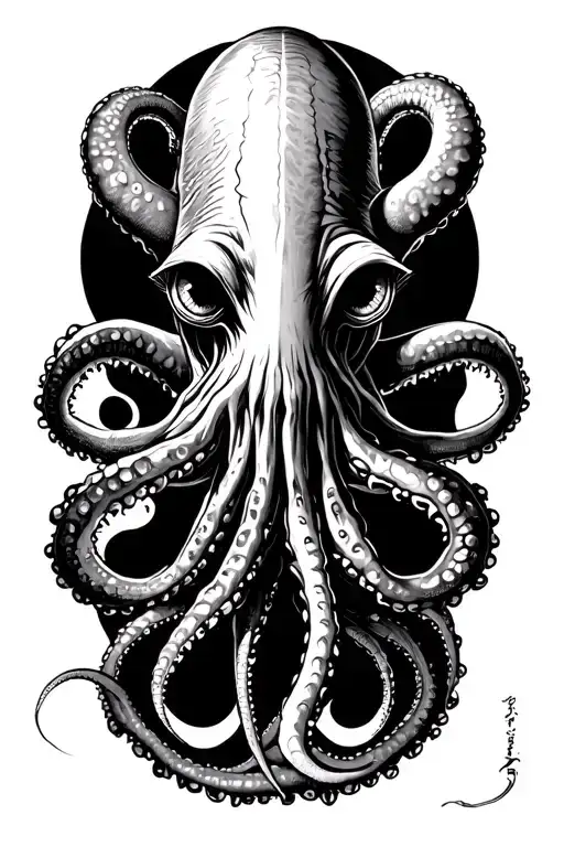 Giant Squid Nautical Themed Incorporating Elongated Vertical Tentacles And Unsettling Eyes Tattoo idea