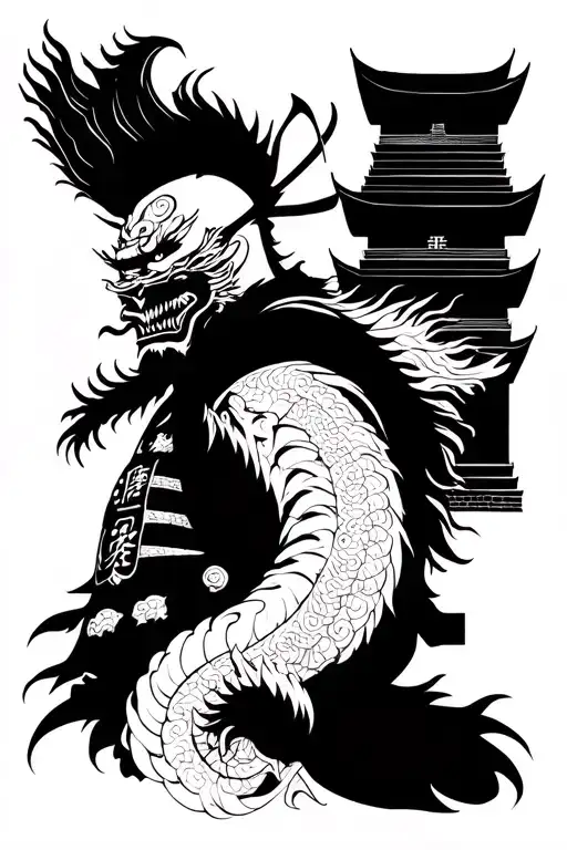 Samurai Warrior With Temple And Dragon