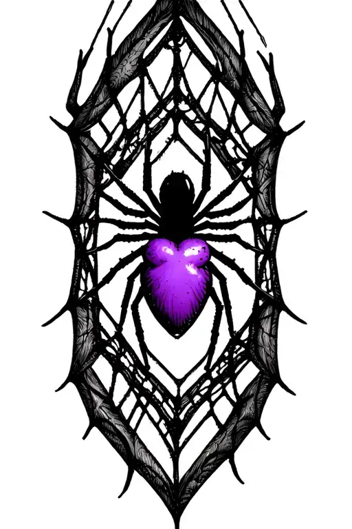 Spider Web With Spider Hanging With A Purple Heart