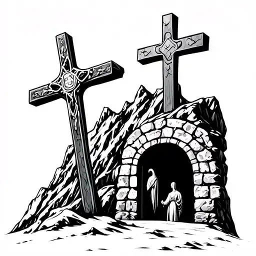 Calvary Crosses In Mountain Range With Tomb And Stone Door Open In Side Of Mountain