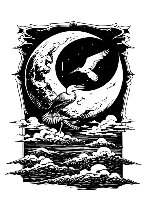 Woodcut Moon With Clouds And Heron Soaring Above