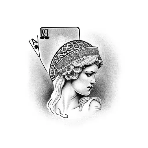 A Greek Goddess Holding A Deck Of Cards With A Backdrop Of Outdoor Scenery
