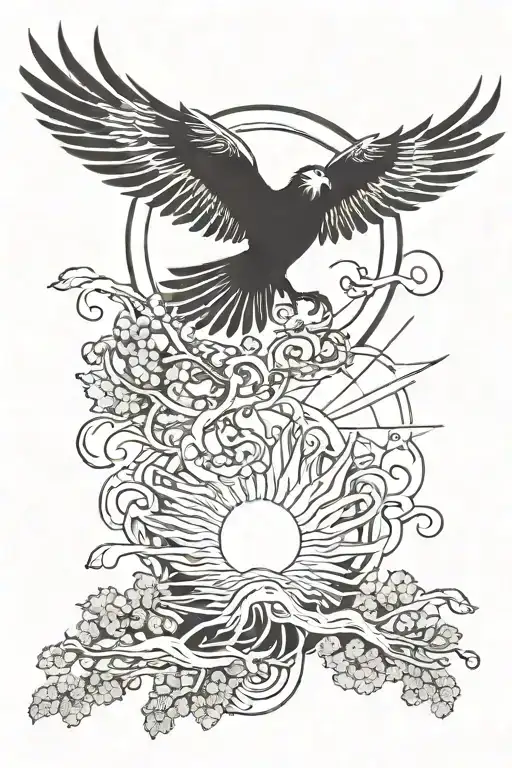 Phoenix Flying Over The Sun With Redwood Trees To Their Left And English Oak Trees To Their Right