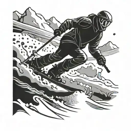 A Sleek Blackwork Design Of A Skier Carving Through The Snow With A Cross In The Background