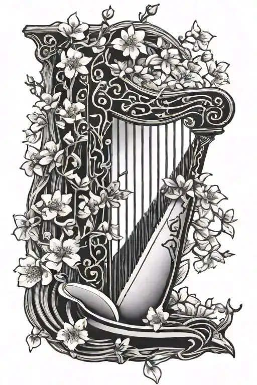Sword Over Harp With Cherry Blossoms Falling