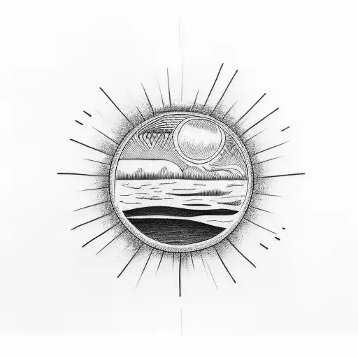 A Black And White Drawing Of A Sunrise Over A Meadow Horizon