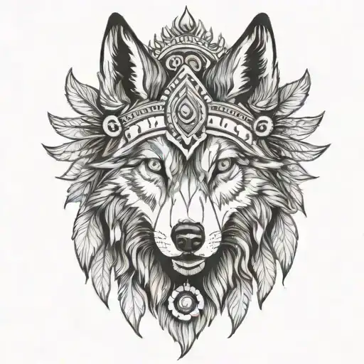 Wolf Head In Indian Headdress